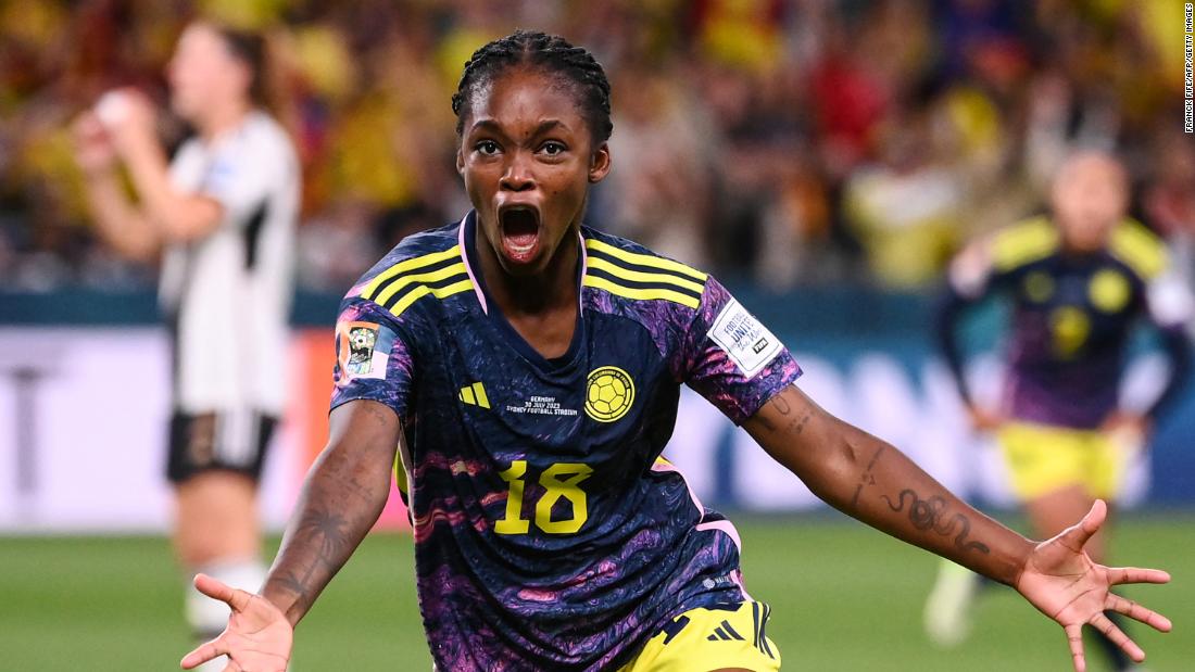 Linda Caicedo celebrates after scoring Colombia&#39;s opener against Germany.