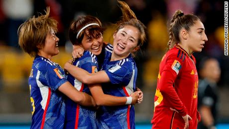 Hinata Miyazawa and her teammates celebrate scoring Japan&#39;s third goal against Spain.