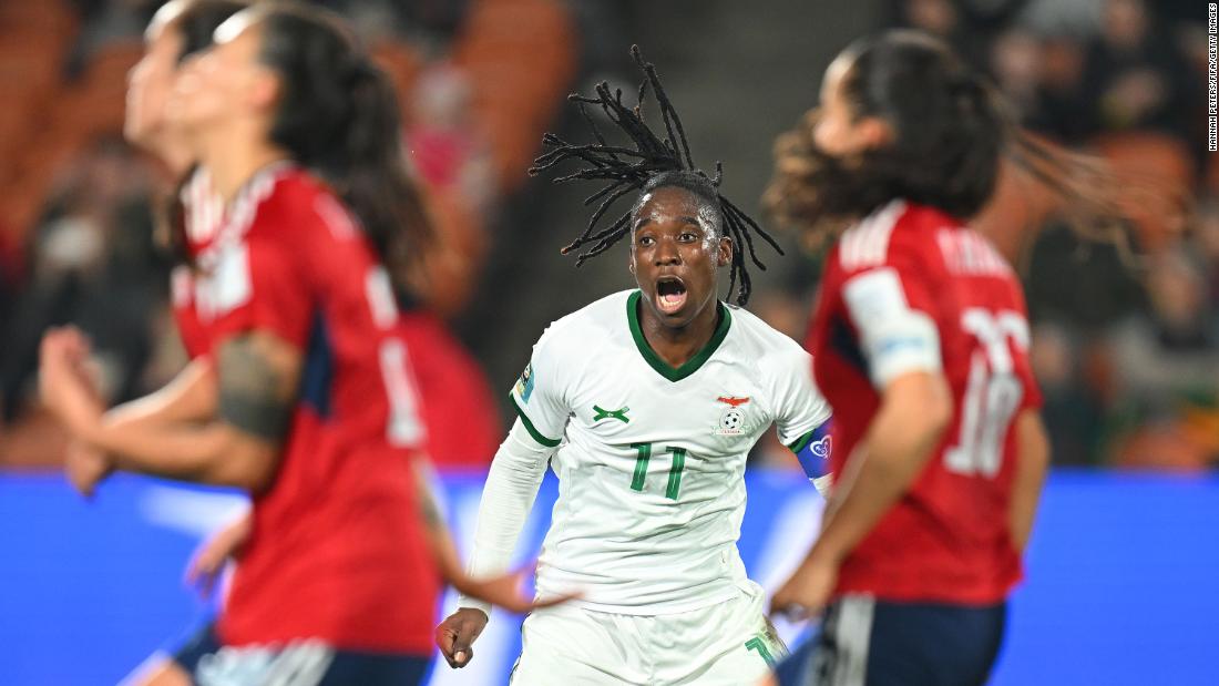 Zambia&#39;s Barbra Banda celebrates after scoring her team&#39;s second goal from the penalty spot.