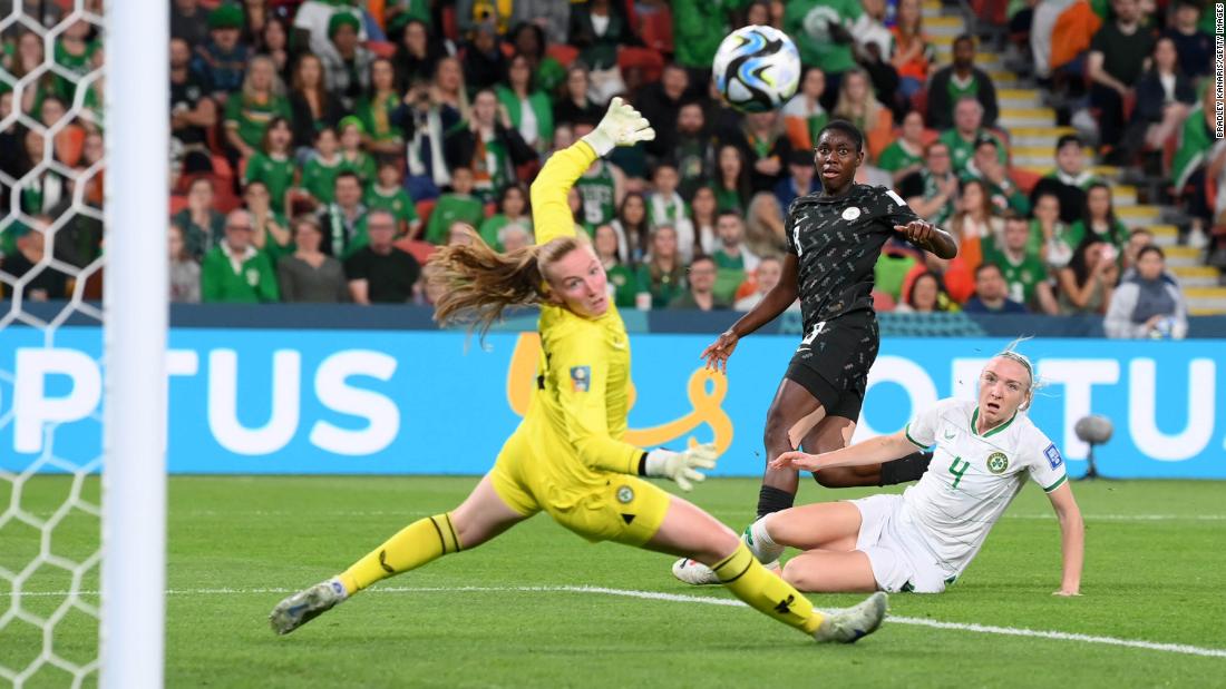 Nigeria&#39;s Asisat Oshoala, center, misses a chance against Ireland.