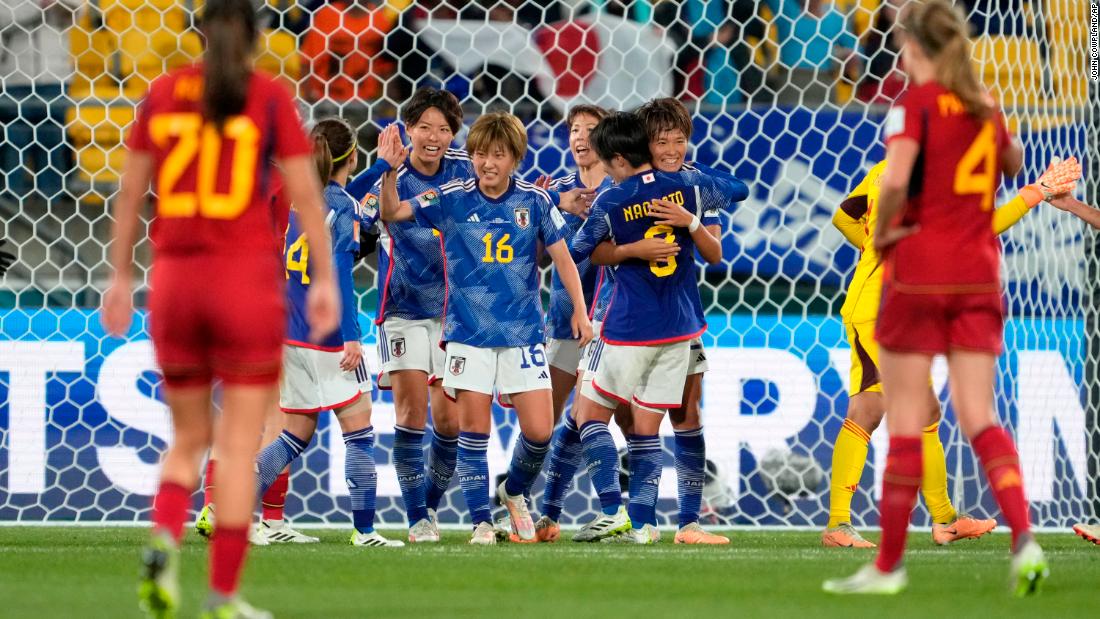 Japanese players celebrate at the end of their &lt;a href=&quot;https://edition.cnn.com/2023/07/30/football/nigeria-canada-australia-womens-world-cup-spt-intl/index.html&quot; target=&quot;_blank&quot;&gt;4-0 victory over Spain&lt;/a&gt; on July 31. Both teams are advancing to the round of 16.