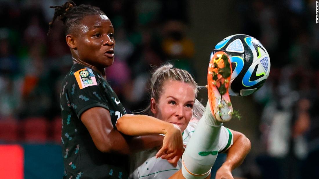 Ireland&#39;s Lily Agg, right, battles for the ball with Nigeria&#39;s Uchenna Kanu during a 0-0 draw on July 31.