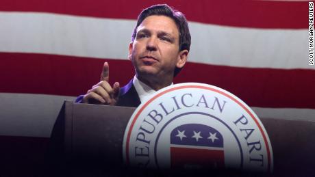 Republican presidential candidate and Florida Gov. Ron DeSantis speaks at the Republican Party of Iowa&#39;s Lincoln Day Dinner in Des Moines, Iowa, on July 28. 