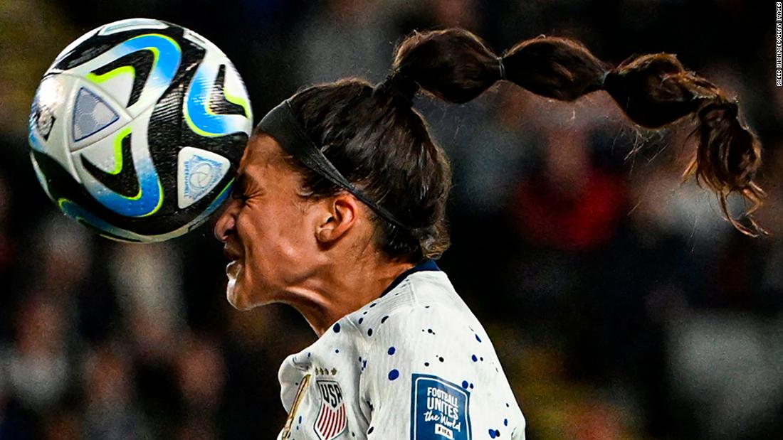 US forward Sophia Smith heads the ball during the &lt;a href=&quot;https://www.cnn.com/2023/08/01/football/uswnt-portugal-womens-world-cup-spt-intl/index.html&quot; target=&quot;_blank&quot;&gt;goalless draw&lt;/a&gt; against Portugal on August 1. The result meant that the Americans, the two-time defending champions, would advance to the round of 16.