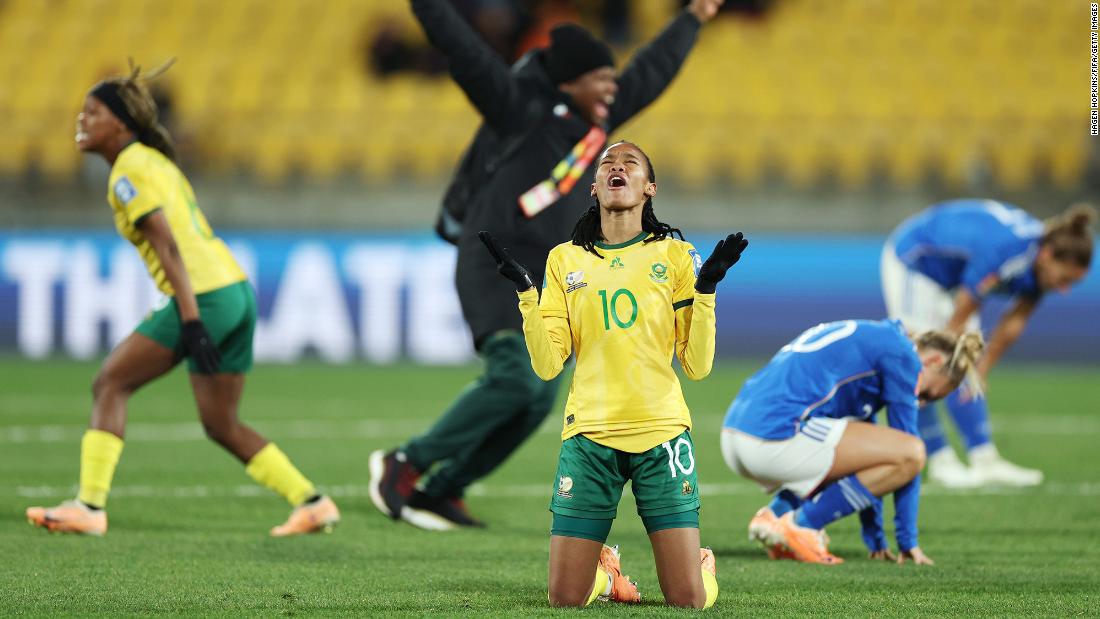 South Africa&#39;s Linda Motlhalo celebrates her team&#39;s &lt;a href=&quot;https://www.cnn.com/2023/08/02/football/sweden-south-africa-italy-womens-world-cup-2023-spt-intl/index.html&quot; target=&quot;_blank&quot;&gt;3-2 win over Italy&lt;/a&gt; on August 2. It was South Africa&#39;s first-ever win at a Women&#39;s World Cup, and it helped them clinch a spot in the next round. Italy was eliminated with the loss.