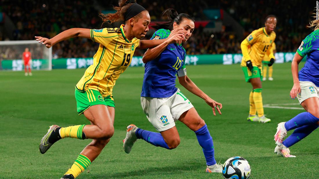 Brazil&#39;s Marta, right, competes against Jamaica&#39;s Tiernny Wiltshire on August 2. &lt;a href=&quot;https://www.cnn.com/2023/08/01/football/brazil-jamaica-france-panama-womens-world-cup-spt-intl/index.html&quot; target=&quot;_blank&quot;&gt;The two teams drew 0-0&lt;/a&gt;, but it was Jamaica that advanced to the knockout stage of the tournament. This was the last World Cup for Marta, the tournament&#39;s record scorer and veteran of six tournaments.