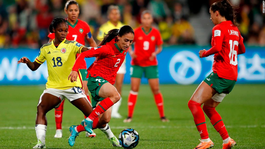 Colombian teenage star Linda Caicedo, left, challenges Morocco&#39;s Zineb Redouani during their final group match.