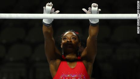 Simone Biles, photographed practicing this week, is set to compete for the first time since the Tokyo Olympics in July 2021.