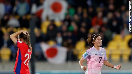Hinata Miyazawa celebrates Japan&#39;s first goal against Norway.
