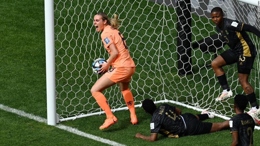 The Netherlands&#39; Jill Roord celebrates after scoring the first goal in her team&#39;s 2-0 victory over South Africa on August 6. With the victory, the Dutch advanced to the quarterfinals.