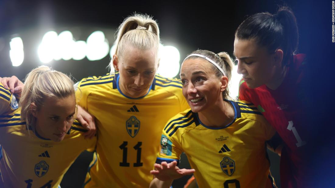 Swedish captain Kosovare Asllani talks to her teammates before the US match.