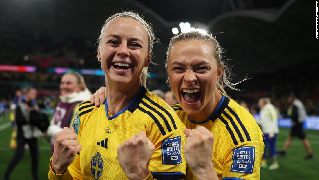 Sweden&#39;s Amanda Ilestedt, left, and Fridolina Rolfö celebrate the win.