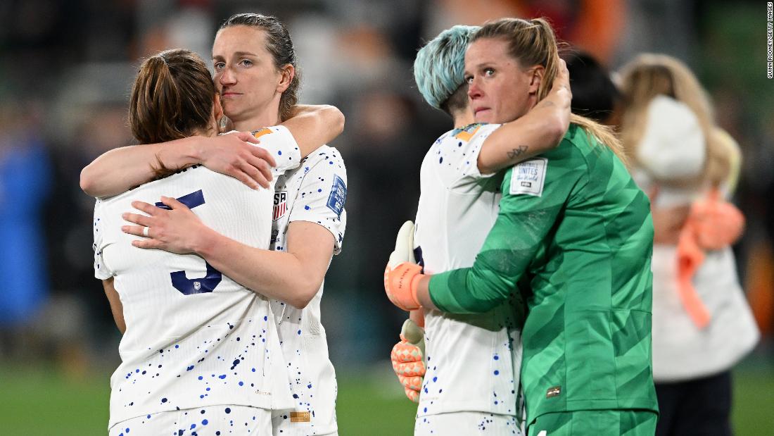 US players comfort one another after &lt;a href=&quot;https://www.cnn.com/2023/08/05/football/usa-sweden-womens-world-cup-2023-spt-intl/index.html&quot; target=&quot;_blank&quot;&gt;being eliminated by Sweden in a penalty shootout&lt;/a&gt; on August 6. The United States won the last two tournaments.