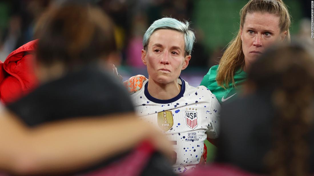 Rapinoe reacts to her team being &lt;a href=&quot;https://www.cnn.com/2023/08/05/football/usa-sweden-womens-world-cup-2023-spt-intl/index.html&quot; target=&quot;_blank&quot;&gt;knocked out of the Women&#39;s World Cup&lt;/a&gt; after a shootout loss to Sweden in August 2023.