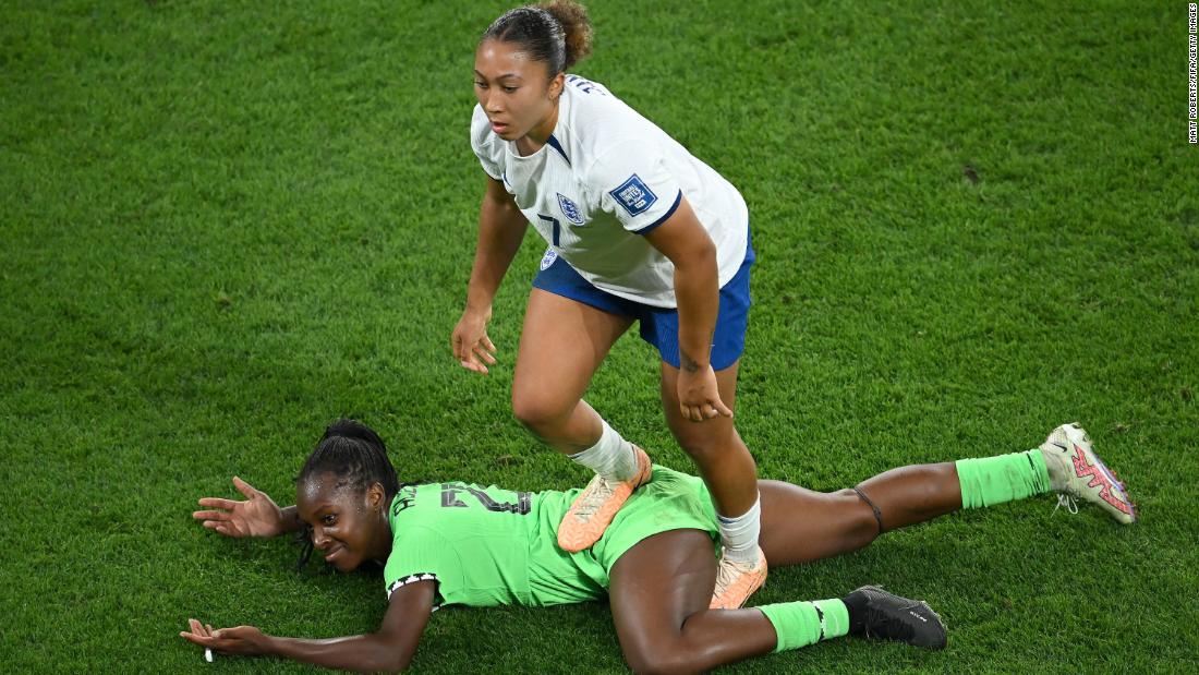 England&#39;s Lauren James received a red card in the 87th minute after stepping on Michelle Alozie.