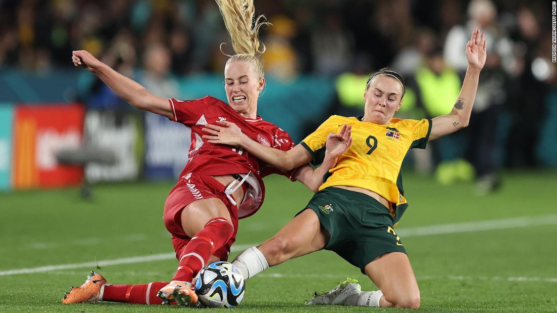 Denmark&#39;s Amalie Vangsgaard, left, and Australia&#39;s Caitlin Foord compete for the ball during a round-of-16 match on August 7. &lt;a href=&quot;https://edition.cnn.com/sport/live-news/england-nigeria-australia-denmark-womens-world-cup-knockout/h_96eb0aafc77d71f7b18c062bbe444f8a&quot; target=&quot;_blank&quot;&gt;Australia won 2-0&lt;/a&gt; to advance to the quarterfinals.