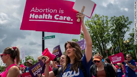 Supporters of abortion rights march to Washington, DC&#39;s, Union Station for a rally on June 24, 2023. 