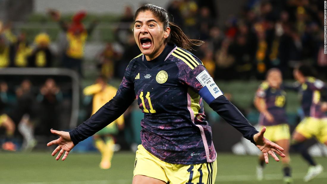 Catalina Usme celebrates after scoring Colombia&#39;s goal against Jamaica.