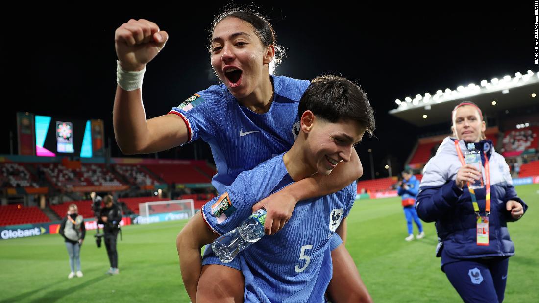 France&#39;s Selma Bacha, left, and Élisa De Almeida celebrate after a&lt;a href=&quot;https://cnn.com/2023/08/07/football/colombia-jamaica-france-morocco-womens-world-cup-spt-intl/index.html&quot; target=&quot;_blank&quot;&gt; 4-0 victory against Morocco&lt;/a&gt; in the round of 16.