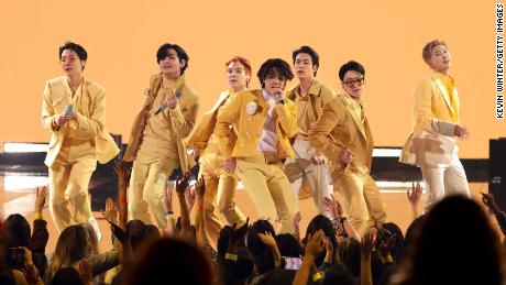 The K-pop boy band BTS perform at the 2021 American Music Awards in Los Angeles.
