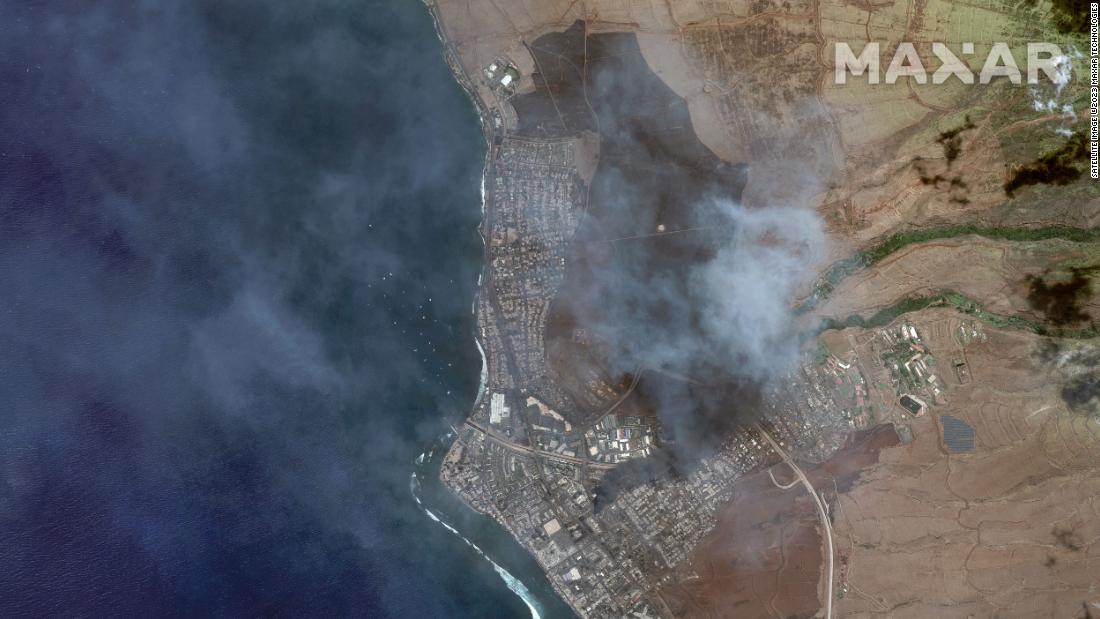 This satellite image shows an overview of wildfires in Lahaina on August 9.