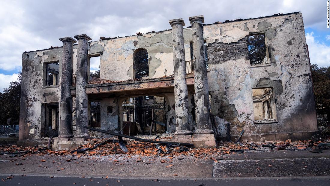 Building wreckage is seen in Lahaina on August 10.
