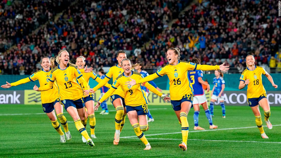 Sweden&#39;s Filippa Angeldal, second right, celebrates after scoring a penalty against Japan on Friday, August 11. &lt;a href=&quot;https://www.cnn.com/2023/08/11/football/japan-sweden-womens-world-cup-spt-intl/index.html&quot; target=&quot;_blank&quot;&gt;Sweden won 2-1&lt;/a&gt; to book a spot in the semifinals.