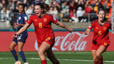 Spain&#39;s forward #08 Mariona Caldentey celebrates scoring her team&#39;s first goal during the Women&#39;s World Cup quarterfinal football match against tthe Netherlands at Wellington Stadium in Wellington, New Zealand. 