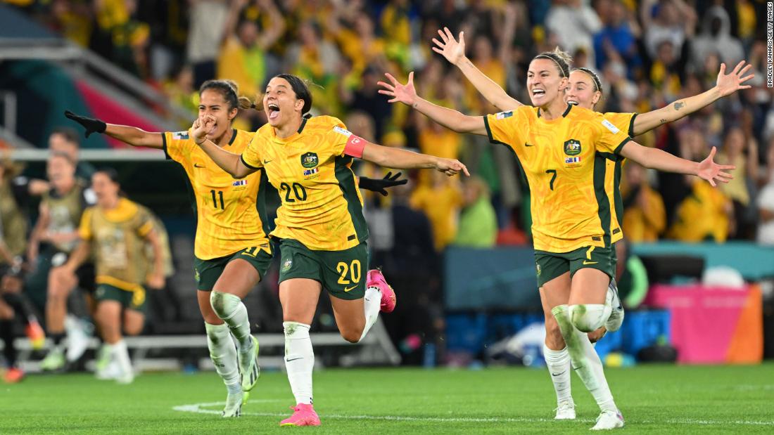 Australian players celebrate after winning a &lt;a href=&quot;https://www.cnn.com/2023/08/11/football/australia-france-england-colombia-womens-world-cup-quarterfinal-spt-intl/index.html&quot; target=&quot;_blank&quot;&gt;dramatic penalty shootout&lt;/a&gt; against France on August 12. The shootout was decided on the 20th kick.