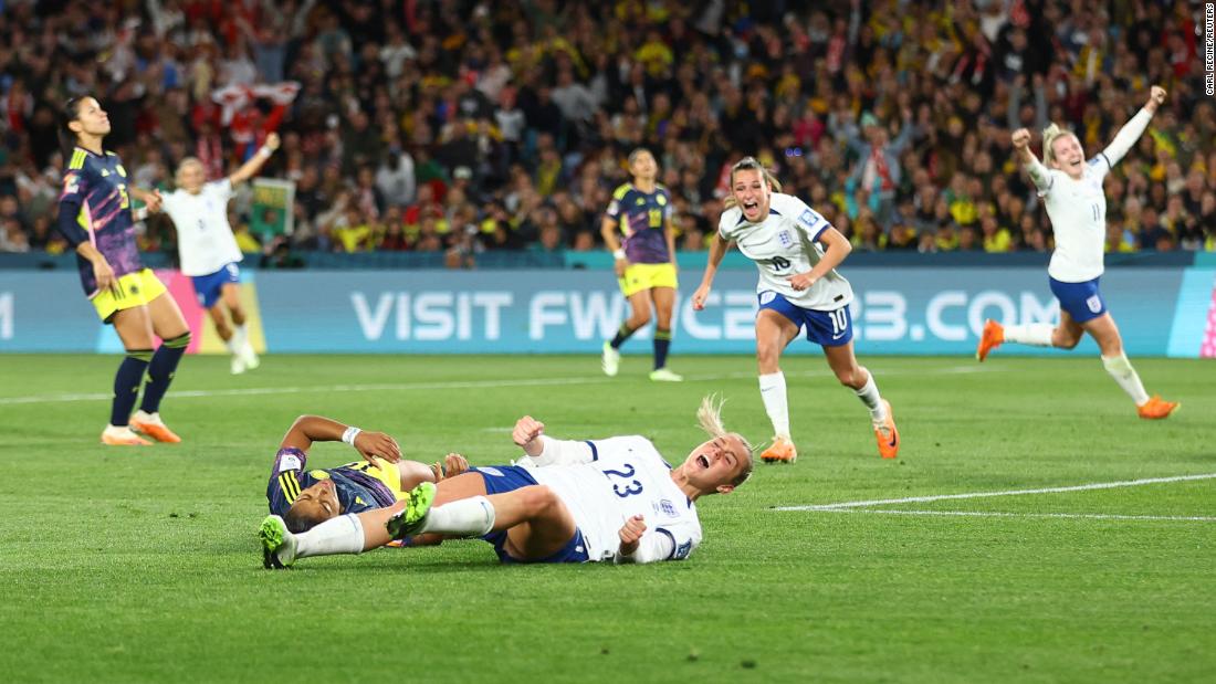 Alessia Russo, bottom, celebrates after scoring England&#39;s second goal in the &lt;a href=&quot;https://www.cnn.com/2023/08/12/football/england-colombia-womens-world-cup-2023-spt-intl/index.html&quot; target=&quot;_blank&quot;&gt;2-1 over Colombia&lt;/a&gt; in the quarterfinals on August 12.