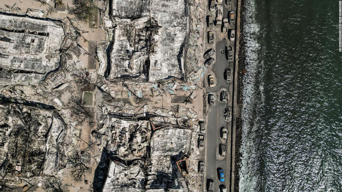 This aerial photo shows the shells of burned houses, vehicles and buildings in Lahaina on August 11.