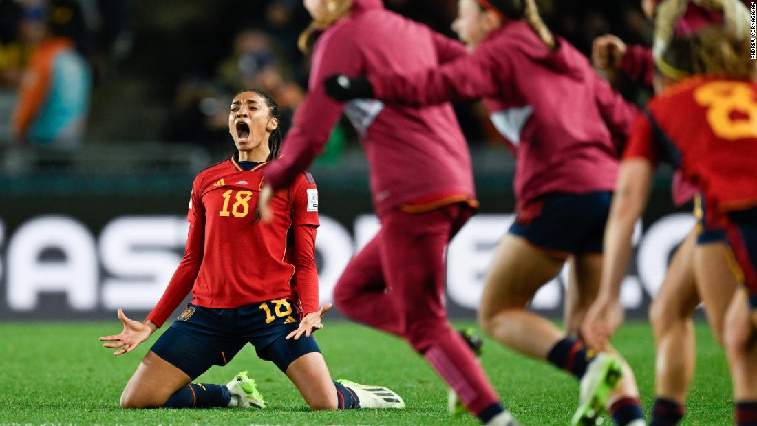 Salma Paralluelo, left, celebrates with teammates after &lt;a href=&quot;https://www.cnn.com/2023/08/14/football/sweden-spain-womens-world-cup-semifinal-spt-intl/index.html&quot; target=&quot;_blank&quot;&gt;Spain defeated Sweden 2-1&lt;/a&gt; in the semifinals on Tuesday, August 15.