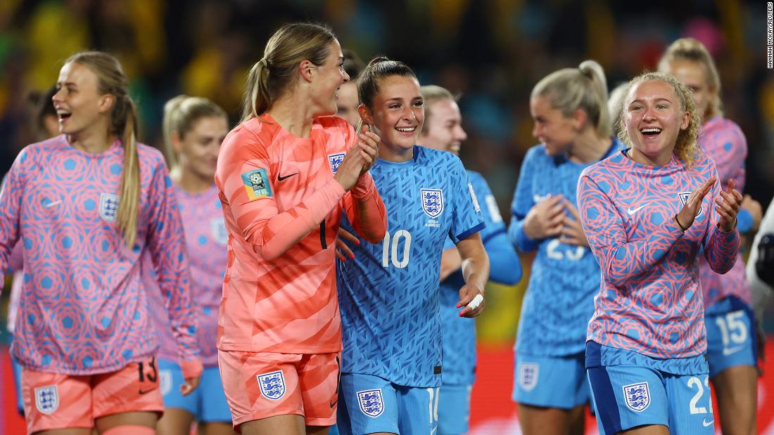 England players celebrate after their &lt;a href=&quot;http://www.cnn.com/2023/08/15/football/australia-england-womens-world-cup-semifinal-spt-intl/index.html&quot; target=&quot;_blank&quot;&gt;3-1 victory over Australia&lt;/a&gt; booked a spot in the final.