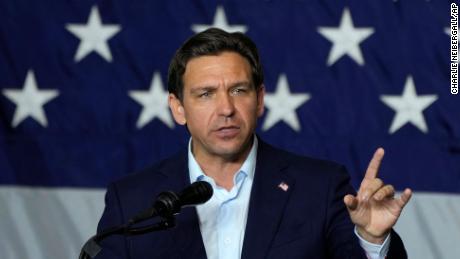 Republican presidential candidate Florida Gov. Ron DeSantis speaks during a fundraising event for Republican Rep. Ashley Hinson of Iowa on August 6, in Cedar Rapids, Iowa. DeSantis passed a law in May restricting transgender access to treatments and bathrooms.