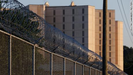 Razor wire lines the outside of the Fulton County Jail after a Grand Jury brought back indictments against former US President Donald Trump and 18 of his allies in their attempt to overturn the state&#39;s 2020 election results in Atlanta, August 18, 2023. 
