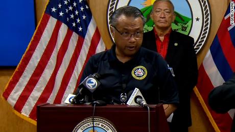 Herman Andaya, then Maui&#39;s emergency management agency chief, speaks at a news conference this month. He resigned Thursday.