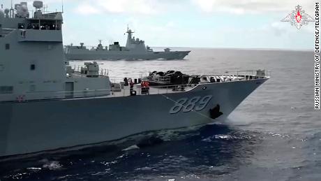 Chinese and Russian vessels conduct joint exercises in the East China Sea.