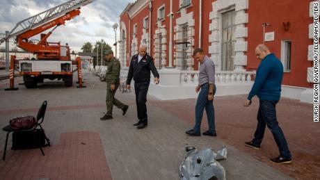 Governor of the Kursk Region Roman Starovoit inspects the damaged railway station. 