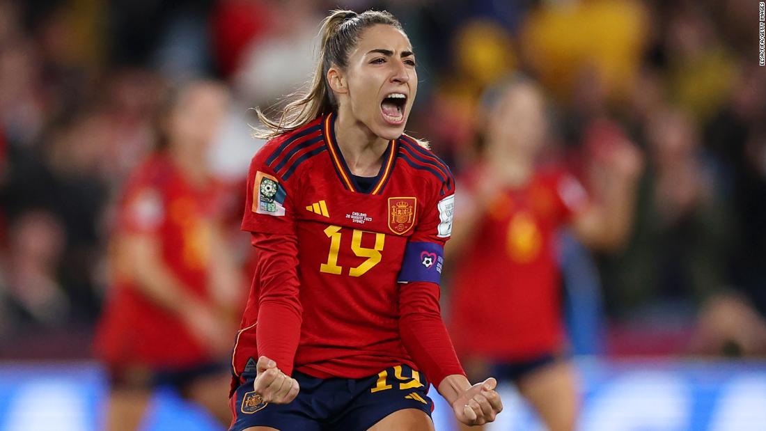 Spain&#39;s Olga Carmona celebrates after she scored with a left-footed shot in the 29th minute.