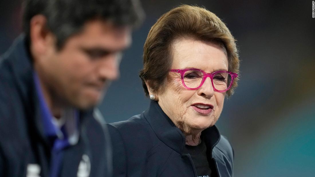 Tennis legend Billie Jean King walks onto the pitch ahead of the final.