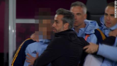 Spain coach Jorge Vilda is seen inappropriately touching a woman staffer during the Women&#39;s World Cup final on Sunday. CNN has blurred the woman&#39;s face to protect her identity.