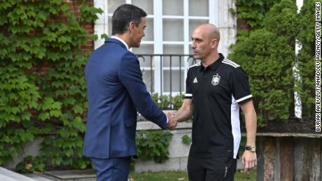 Spanish Prime Minister Pedro Sánchez (L) welcomes Royal Spanish Football Federation President Luis Rubiales at the Moncloa Presidential Palace in Madrid on August 22.