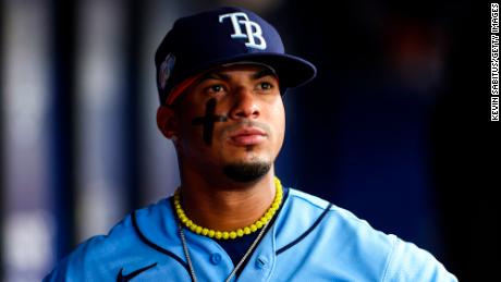 Wander Franco looks on from the dugout during the third inning of the Tampa Bay Rays&#39; game against the Oakland Athletics at Tropicana Field on April 8.