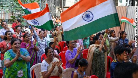 People in Mumbai celebrate the successful lunar landing of Chandrayaan-3 on the south pole of the Moon on August 23.