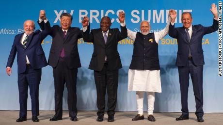 Brazil&#39;s President Luiz Inacio Lula da Silva, Chinese leader Xi Jinping, South African President Cyril Ramaphosa, Indian Prime Minister Narendra Modi and Russia&#39;s Foreign Minister Sergei Lavrov at the BRICS Summit in Johannesburg this August. 