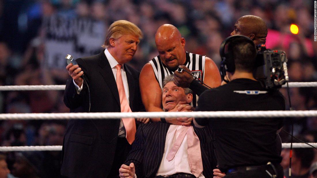 Trump and WWE wrestlers Stone Cold Steve Austin and Bobby Lashley get ready to shave Vince McMahon&#39;s head after McMahon lost the main event of the night — &quot;Hair vs. Hair&quot; — between McMahon and Trump in 2007. Trump has close ties with the WWE and McMahon, its CEO. After being elected president, Trump picked McMahon&#39;s wife, Linda, to serve as the administrator of the Small Business Administration.