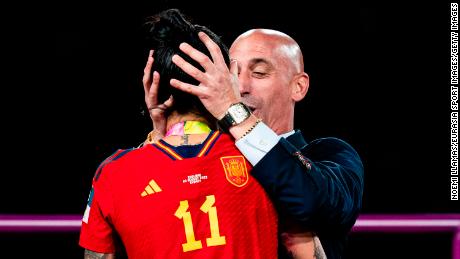 Luis Rubiales (right) is seen kissing Jennifer Hermoso of Spain (left) during the medal ceremony on August 20th.