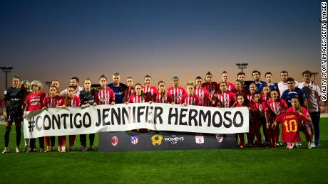 Atletico Madrid players line up for a photograph in support of Jennifer Hermoso in Madrid on Saturday.