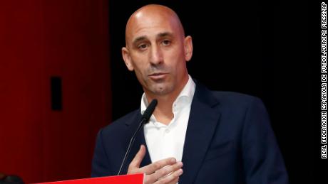 Rubiales speaks at the Spanish Football Federation&#39;s emergency general assembly meeting on Friday. 