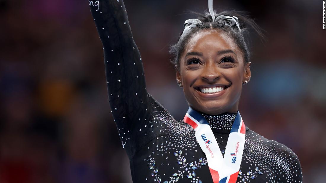 Biles celebrates after winning a record &lt;a href=&quot;https://www.cnn.com/2023/08/27/sport/simone-biles-us-gymnastics-championships-spt-intl/index.html&quot; target=&quot;_blank&quot;&gt;eighth national all-around title&lt;/a&gt; at the US Gymnastics Championships in August 2023. The 26-year-old also became the oldest woman to ever win the championships.